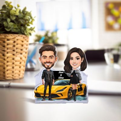 Personalized Couple Bobblehead Caricature Gift for Husband, Wife, Girlfriend, Boyfriend & Friends Solar Powered Moving Head Couple Gift for Birthday (Racing Car Couple)